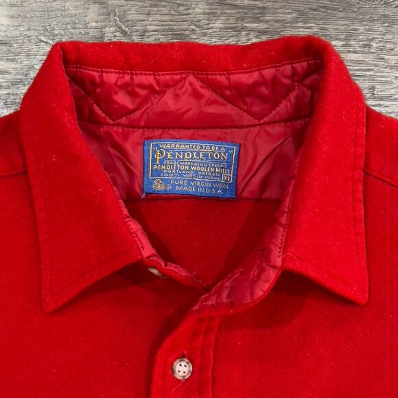 Vintage 60s/70s Pendleton Virgin Wool Red Flannel Shirt Leather Elbow Patches XL - Picture 4 of 8